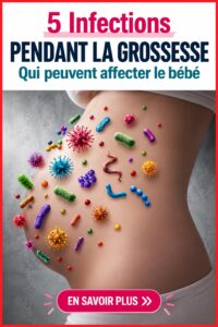 Femme enceinte se renseignant sur les infections durant la grossesse, entourée de livres sur la santé et la maternité.