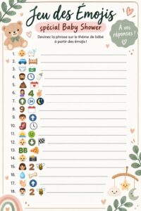 Jeu emoji sur une table de baby shower, prêt à être joué.