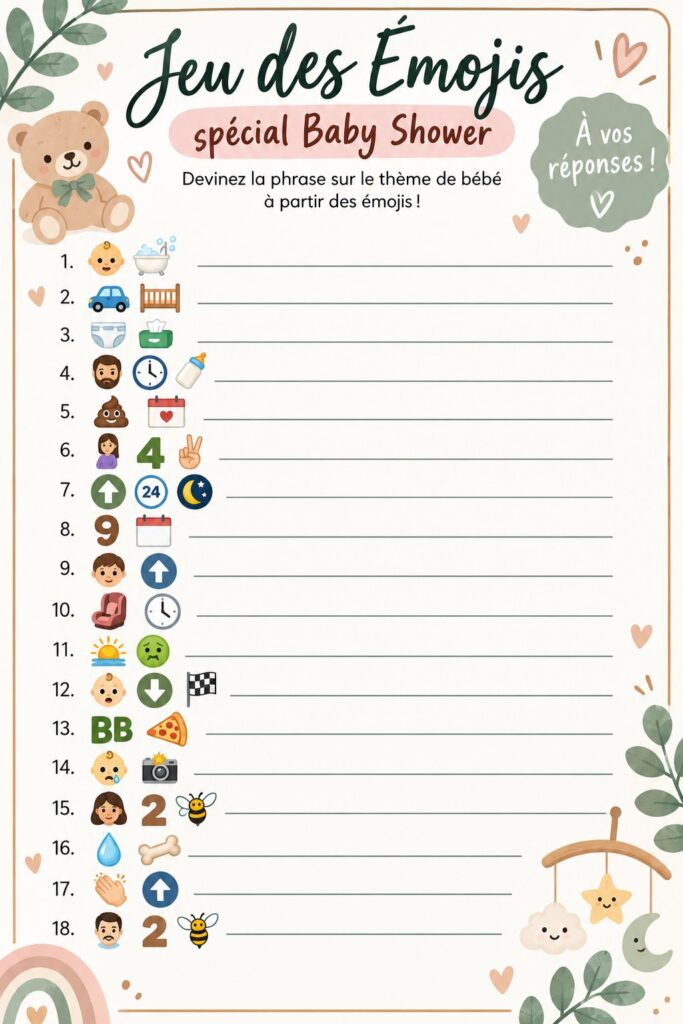 Jeu emoji sur une table de baby shower, prêt à être joué.