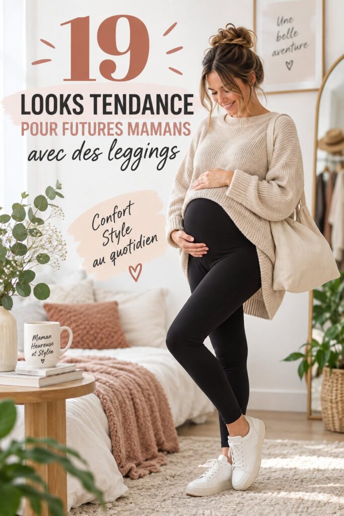 Femme enceinte en leggings stylés, ambiance moderne.