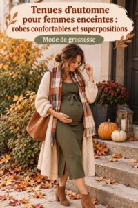 Femme enceinte portant une robe d'automne confortable, entourée de feuilles colorées.