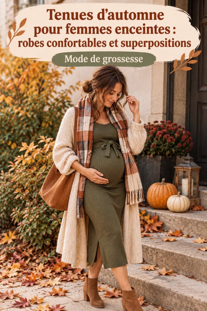 Femme enceinte portant une robe d'automne confortable, entourée de feuilles colorées.