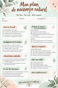 Modèle imprimable de plan de naissance naturel sur fond doux, avec des illustrations apaisantes.