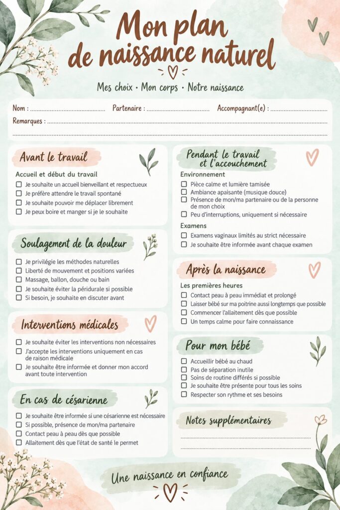 Modèle imprimable de plan de naissance naturel sur fond doux, avec des illustrations apaisantes.