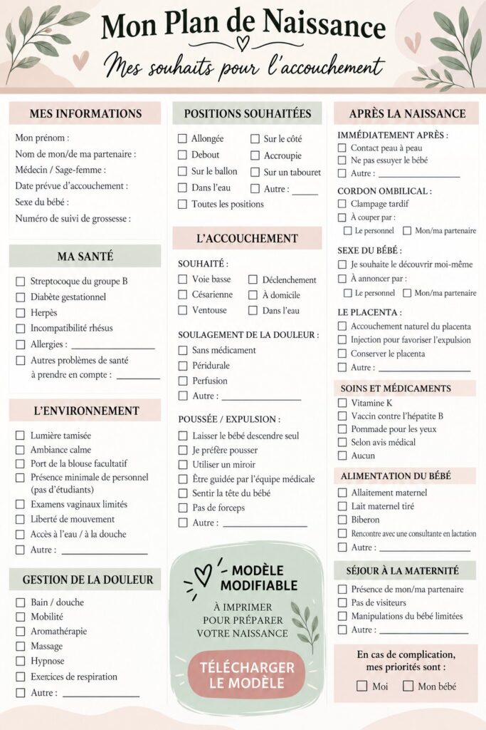 Un modèle de plan de naissance personnalisé affichant des options d'accouchement.
