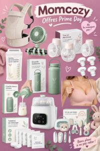 Affichage des offres Momcozy lors du Prime Day avec des produits pour mamans et bébés.
