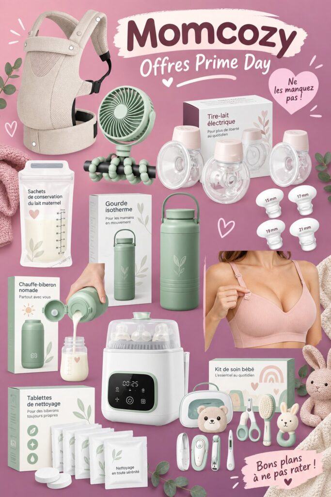 Affichage des offres Momcozy lors du Prime Day avec des produits pour mamans et bébés.