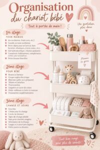 Une poussette bien organisée avec des accessoires pratiques pour bébé.