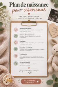 Femme enceinte consultant un plan de naissance pour sa césarienne, avec un sourire confiant.