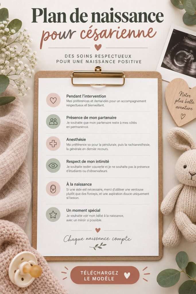 Femme enceinte consultant un plan de naissance pour sa césarienne, avec un sourire confiant.