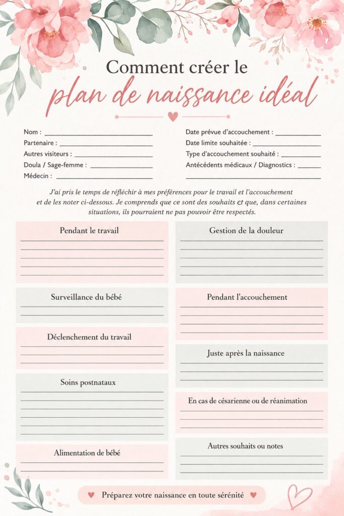 Modèle de plan de naissance personnalisé à remplir.