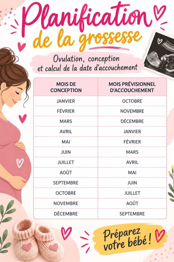 Image illustrant la planification d'une grossesse avec un calendrier et des outils de suivi de cycle.