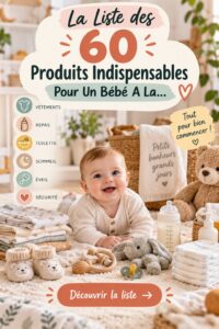 Liste de 60 produits indispensables pour un bébé heureux, incluant des éléments essentiels pour les nouveaux parents.