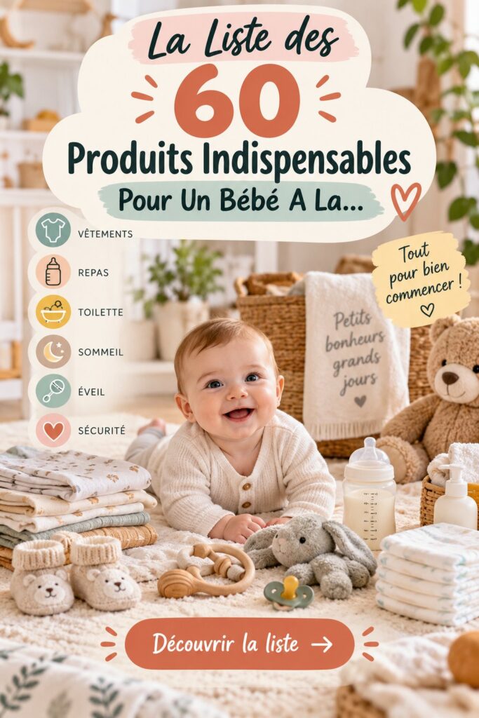Liste de 60 produits indispensables pour un bébé heureux, incluant des éléments essentiels pour les nouveaux parents.