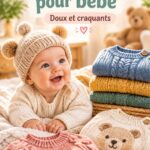 Un adorable pull tricoté bleu pour bébé posé sur un fond doux.
