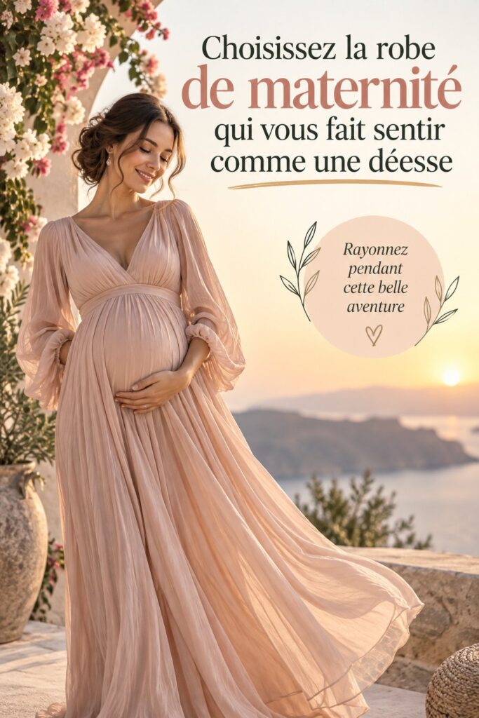 Femme enceinte portant une robe de maternité élégante dans un cadre naturel.