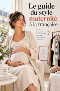 Femme enceinte portant une robe de maternité élégante, montrant le style français.