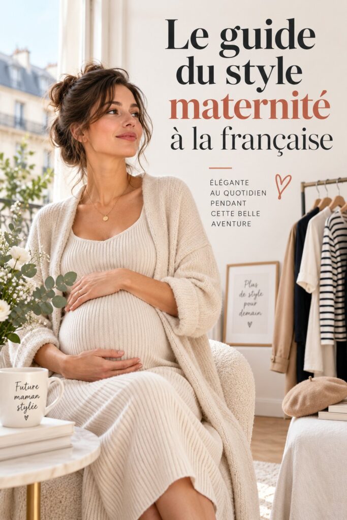 Femme enceinte portant une robe de maternité élégante, montrant le style français.