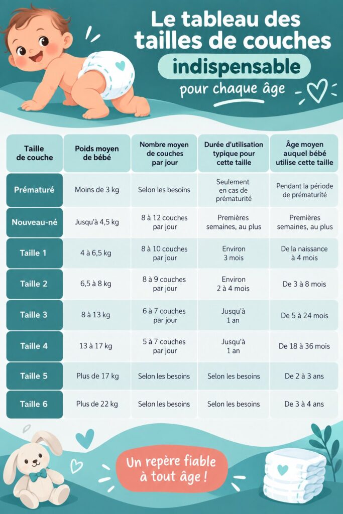 Tableau des tailles de couches pour bébés montrant les différentes tailles selon l'âge et le poids.