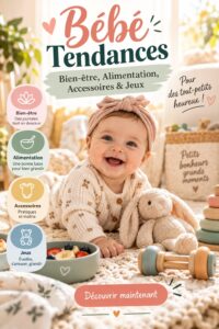 Bébé heureux entouré d'accessoires et de repas sains.
