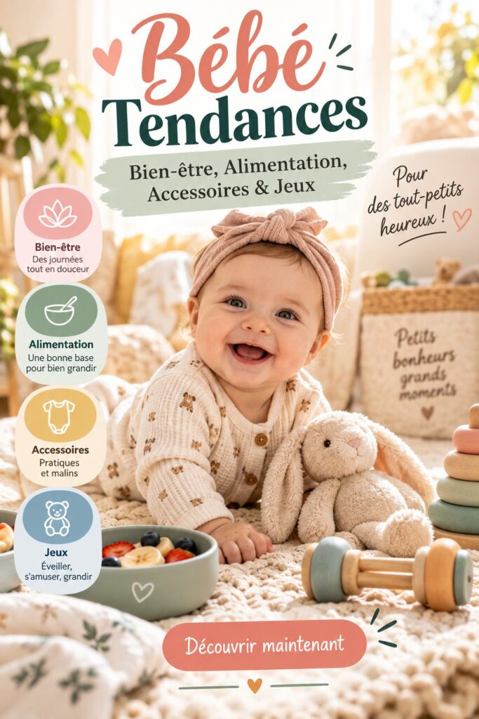 Bébé heureux entouré d'accessoires et de repas sains.