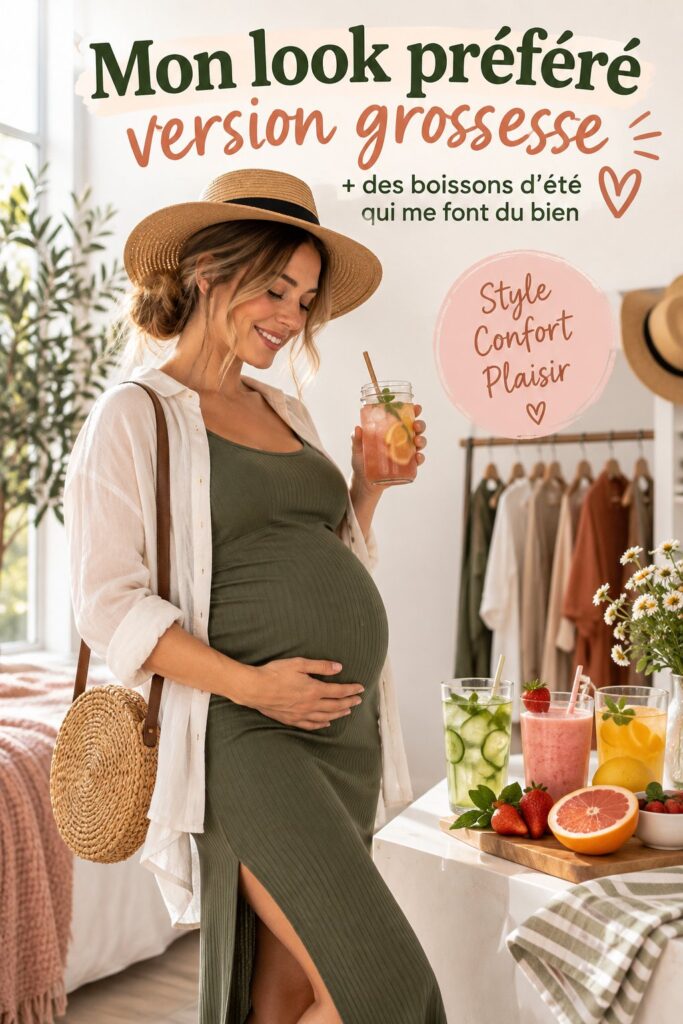 Femme enceinte portant une tenue d'été stylée, elle sourit en se tenant le ventre.