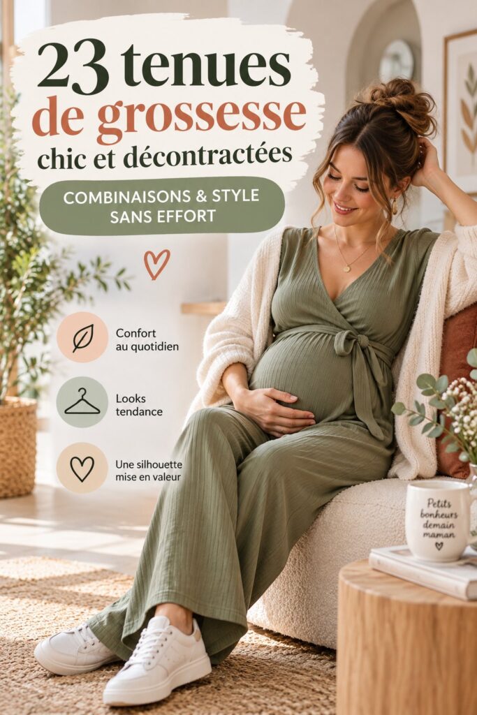 Une femme enceinte porte une élégante tenue de grossesse casual avec un jumpsuit moderne.