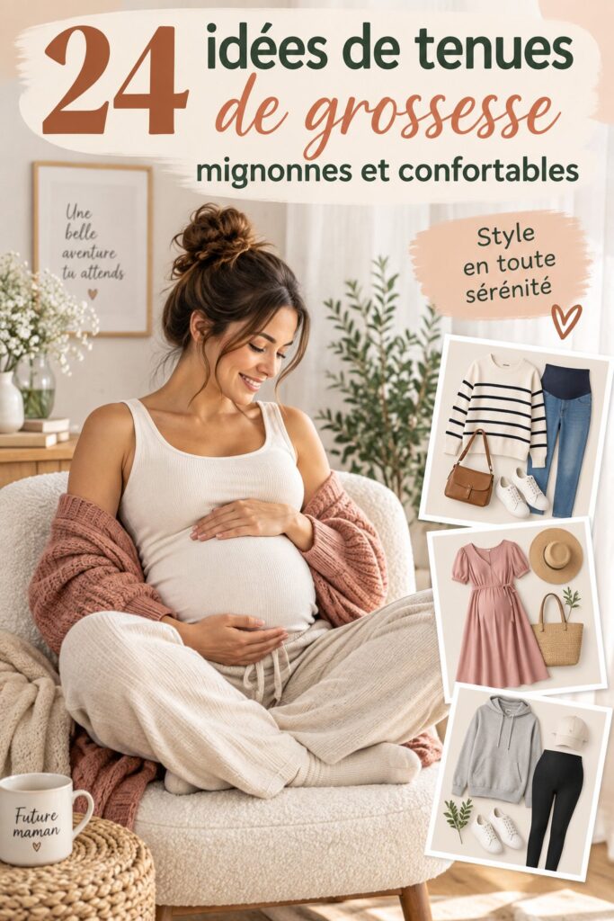 Une femme enceinte portant une tenue de grossesse stylée et confortable.
