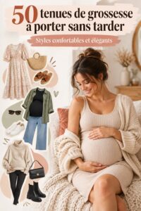 Vue d'ensemble de plusieurs tenues de grossesse élégantes et modernes.