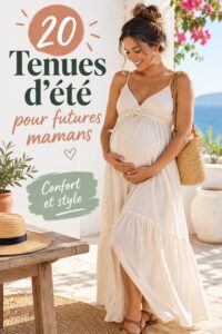 Tenues d'été confortables pour femmes enceintes en extérieur, montrant une future maman stylée.