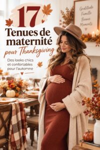 Une femme enceinte portant une robe chic d'automne, prête pour Thanksgiving.