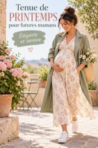 Femme enceinte portant une tenue printanière élégante dans un parc