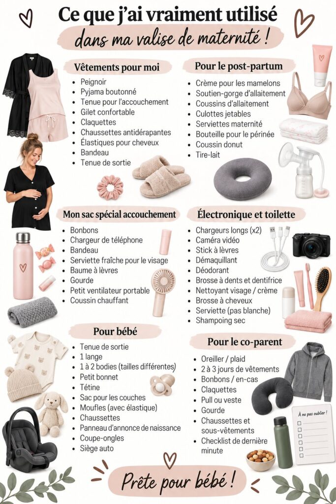 Valise de maternité avec des essentiels pour l'hôpital.