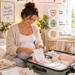 Une valise de maternité ouverte avec des vêtements et accessoires pour maman et bébé.