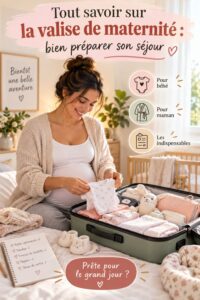 Une valise de maternité ouverte avec des vêtements et accessoires pour maman et bébé.