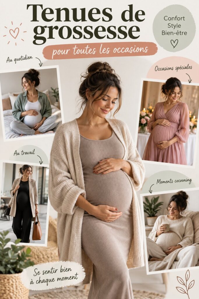 Une femme enceinte portant une tenue de maternité confortable et élégante dans un cadre naturel.