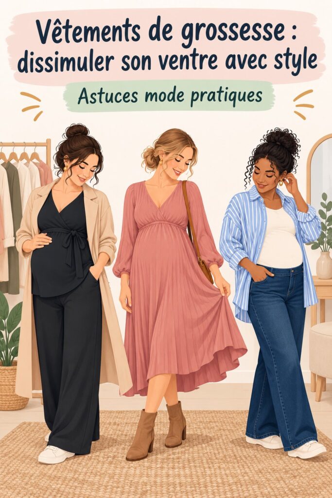 Femme enceinte portant une robe fluide pour masquer son ventre de grossesse.