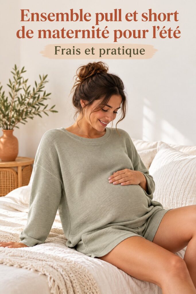 Un modèle portant un ensemble de pull et short de maternité d'été, mettant en avant le style confortable.