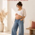 Jean large à taille basse pour femme enceinte, offrant un look chic et confortable.