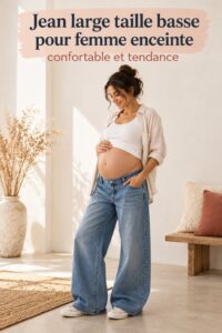 Jean large à taille basse pour femme enceinte, offrant un look chic et confortable.