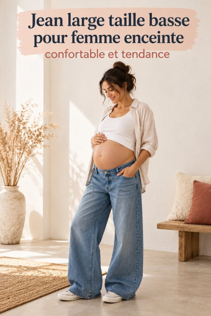Jean large à taille basse pour femme enceinte, offrant un look chic et confortable.