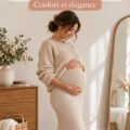 Jupe midi tricotée élégante pour femmes enceintes, montrant le style et le confort.