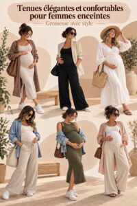 Femme enceinte portant une robe élégante et confortable, souriante en extérieur.