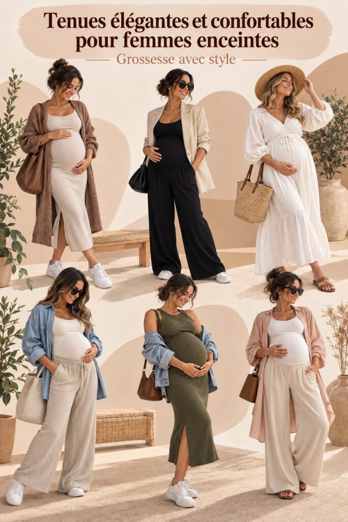 Femme enceinte portant une robe élégante et confortable, souriante en extérieur.