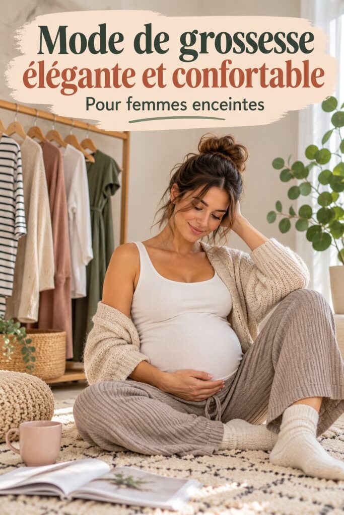 Femme enceinte portant une robe élégante à la mode, mettant en valeur son style et son ventre rond.