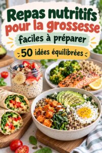 Une assiette colorée de repas nutritifs préparés pour la grossesse, mettant en avant des légumes, des céréales et des protéines.