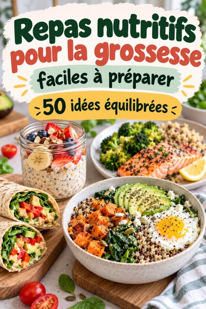 Une assiette colorée de repas nutritifs préparés pour la grossesse, mettant en avant des légumes, des céréales et des protéines.