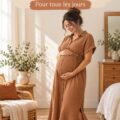 Robe de maternité couleur camel portée par une femme enceinte, style chic et confortable.