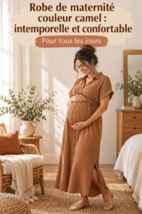 Robe de maternité couleur camel portée par une femme enceinte, style chic et confortable.