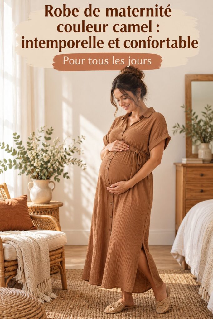 Robe de maternité couleur camel portée par une femme enceinte, style chic et confortable.